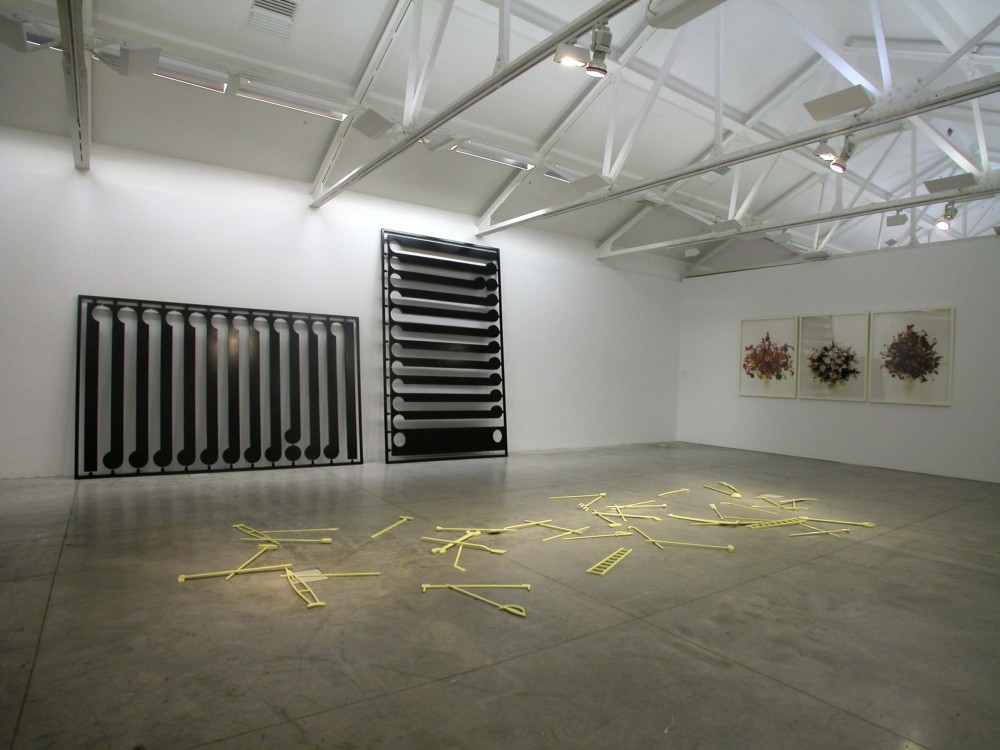 The image shows a white gallery space with a concrete floor. On the floor is a haphazard arrangement of bright yellow, enlarged thin ladders, rakes, spades and other such tools. Against the back left hand wall lean two huge, enlarged black kitsets filled with korus, mimicking the style of Gordon Walter's paintings. On the right hand wall hang three framed photographs of vases of flowers. 
