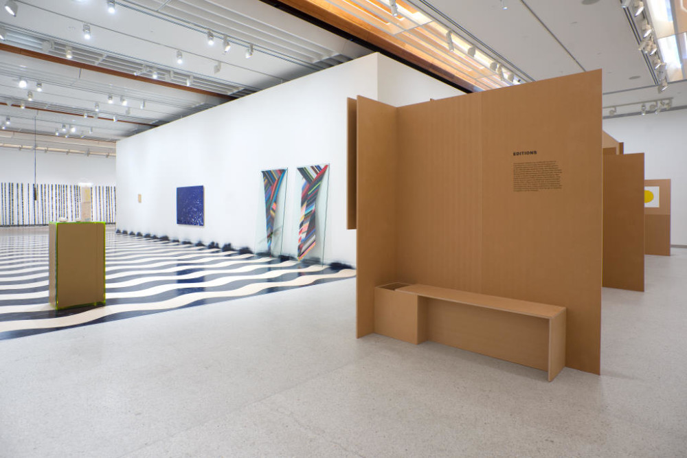 The image shows a large cardboard structure in the right hand foreground. To the left the corridor stretches into the distance, showing at the other end lots of tall thin sticks in black and white alternating colours all leaning up against the wall. The cardboard structure has a small bench built into it, and some writing in black printed onto the cardboard side facing the viewer. The title of the text, 'Editions' can faintly be seen. 