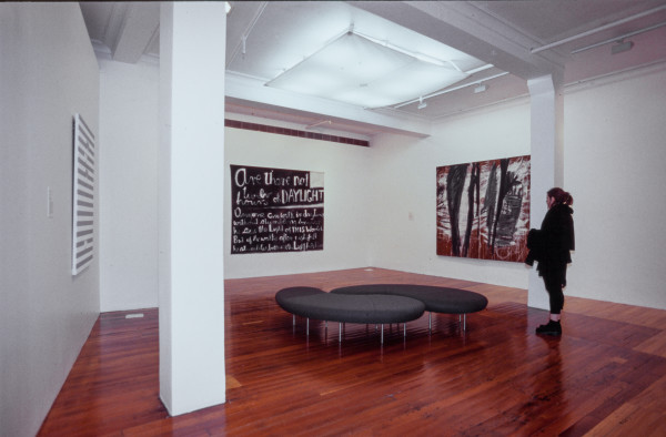 The image shows a white gallery space with a polished wooden floor. A young woman dressed in black stands contemplating an artwork on the back wall of the space. On the left hand wall hangs a painting consisting of horizontal lines of white and blue running across the work with stylised koru patterns interspersed throughout. On the back wall hangs a black work with white hand painted cursive lettering scrawled across it, with the words 'are there not twelve hours of daylight' discernible. On the right hand wall hangs a large abstract artwork consisting of scribbled white lines and ambiguous black shapes on a rust red background. 