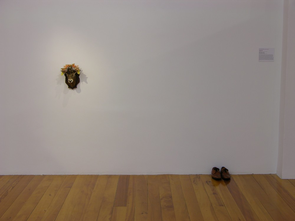 The image shows a wall in a white gallery space with a polished wooden floor. On the left, a lifelike plastic ram's head wearing a crown of paper butterflies is hung on the wall. On the right, a pair of shoes has been placed on the floor. 